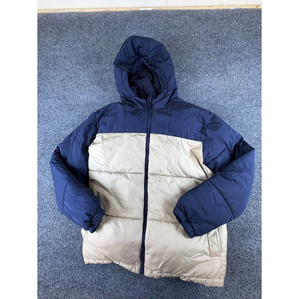 Old Navy Puffer Jacket Boys XL 14-16‎ Blue Beige Full Zip Hooded Water Resistant